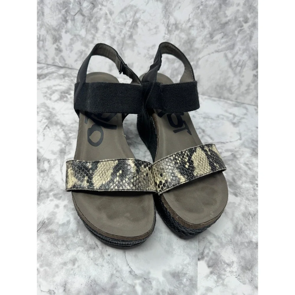OTBT 🖤🩶🖤 leather Snakeskin print Platform Wedge Sandals woven Ankle Strap 8.5